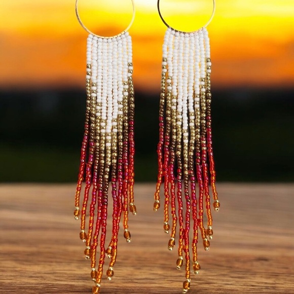 Sunset Ombré Beaded Fringe Earrings: Seed Bead Boho Earrings Chandelier Earrings - Picture 11 of 16